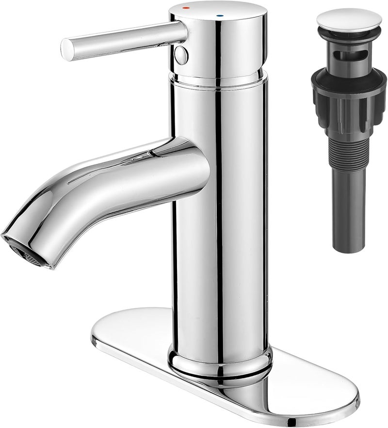 VOTON Chrome Bathroom Faucets 1 Hole, Stainless Steel Bathroom Sink Faucet with Metal Pop up Drain, Lavatory Faucet for Bathroom Sink - Image 1
